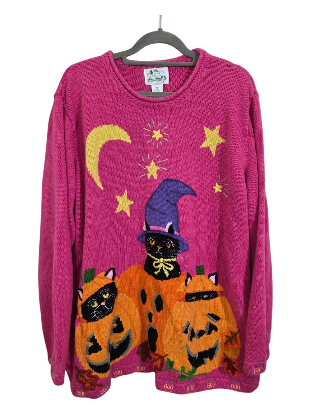 Vintage The Quacker Factory Black Cat Pumpkin Halloween XL Sweater Pink Spooky